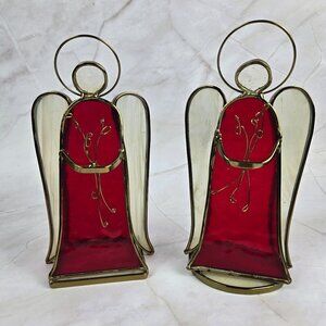 Pair of Stained Glass Angel Figurines Red White Gold Tealight Holders Vintage